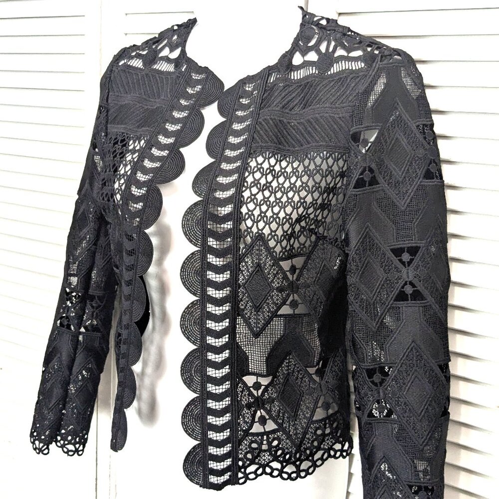 SOLDTed Baker London Black Lace Jacket Blazer Size 0 Open Sheer Dalmy Cropped - Picture 3 of 16